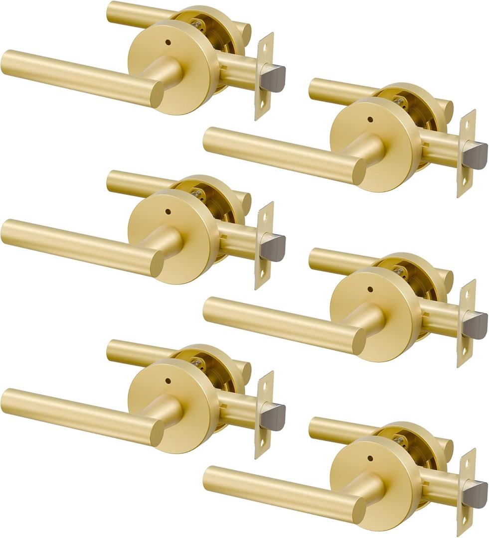 6 Pack Brushed Gold Door Handles Interior, Heavy Duty Privacy Door Lever Handles, Streamlined Interior Door Handle Gold, Brass Interiors Doors Handle Levers for Bathroom, Bedroom