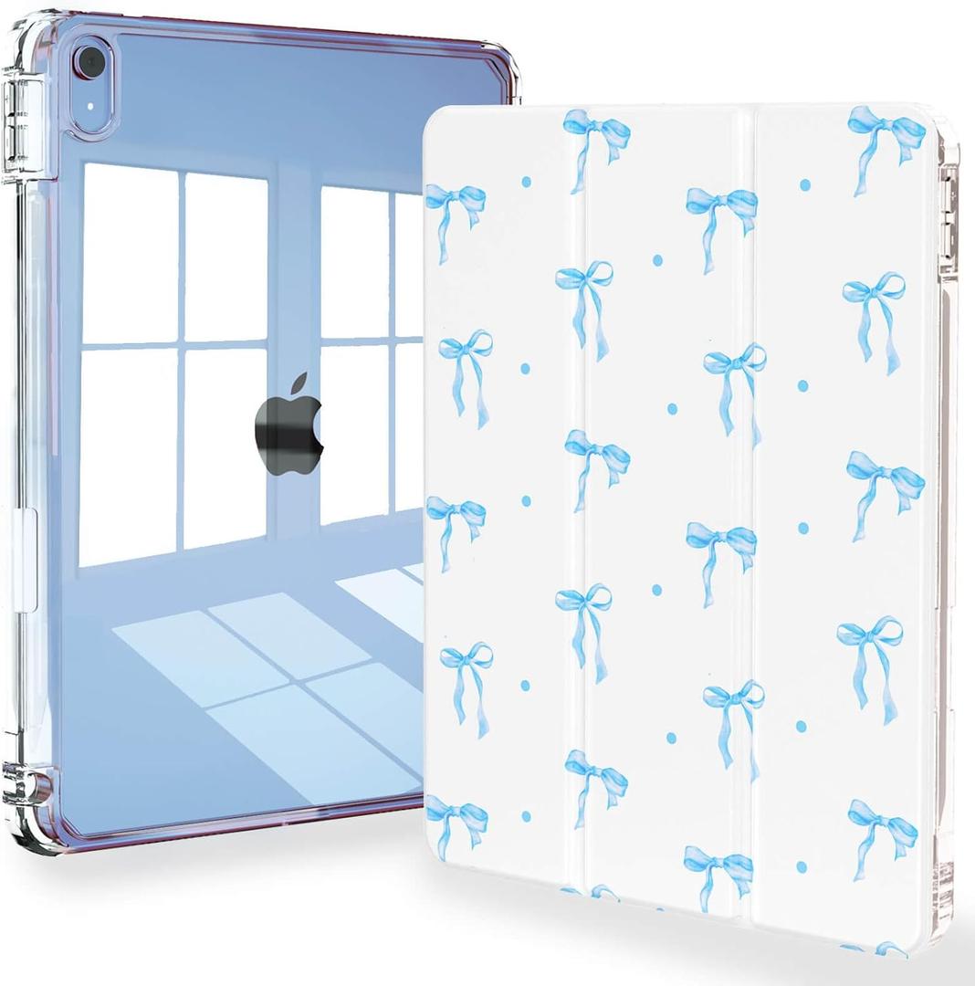 Feams Slim Case for iPad (A16) 11th Generation 11 Inch 2025, iPad 10th Generation 10.9 Inch 2022, Tri-Fold Stand Clear Back Cover with Pencil Holder & Auto Sleep, Blue Bow