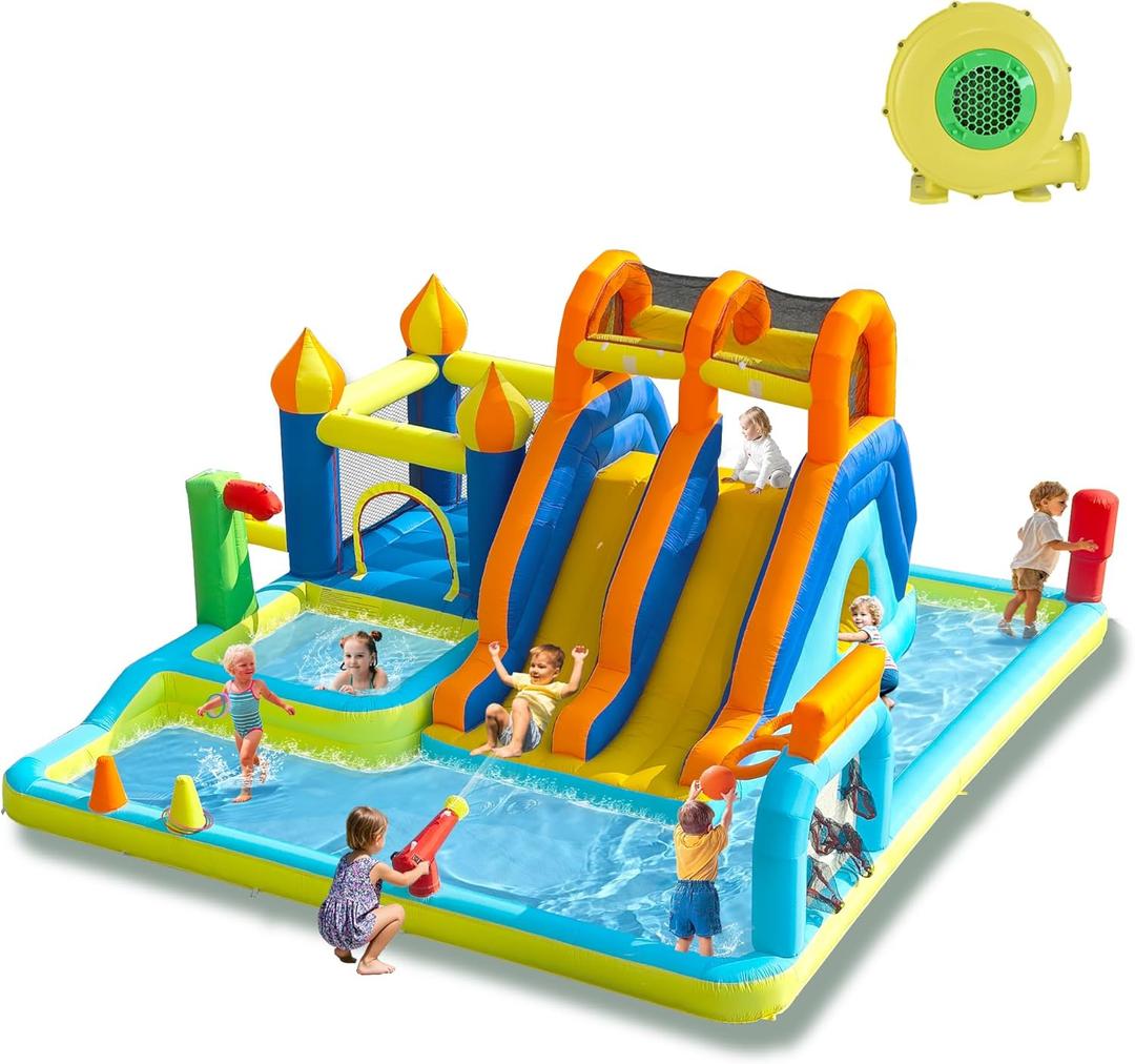 JOOLOOG Blow Up Water Slides for Kids Backyard, Two Long Slides Jumping Bouncy Castle for Children Outdoor, Large Inflatable Bounce House with 680W Blower