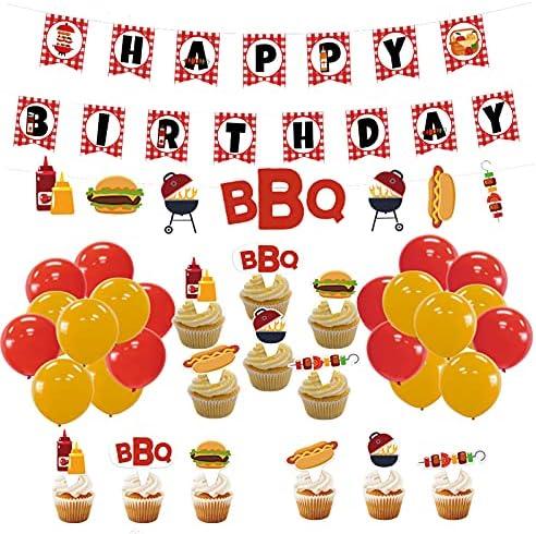 Picnic Birthday Party Decorations Set, BBQ Baby Shower Decor, Red Checked Happy Birthday Banner, BBQ Themed Cupcake Toppers and Balloons
