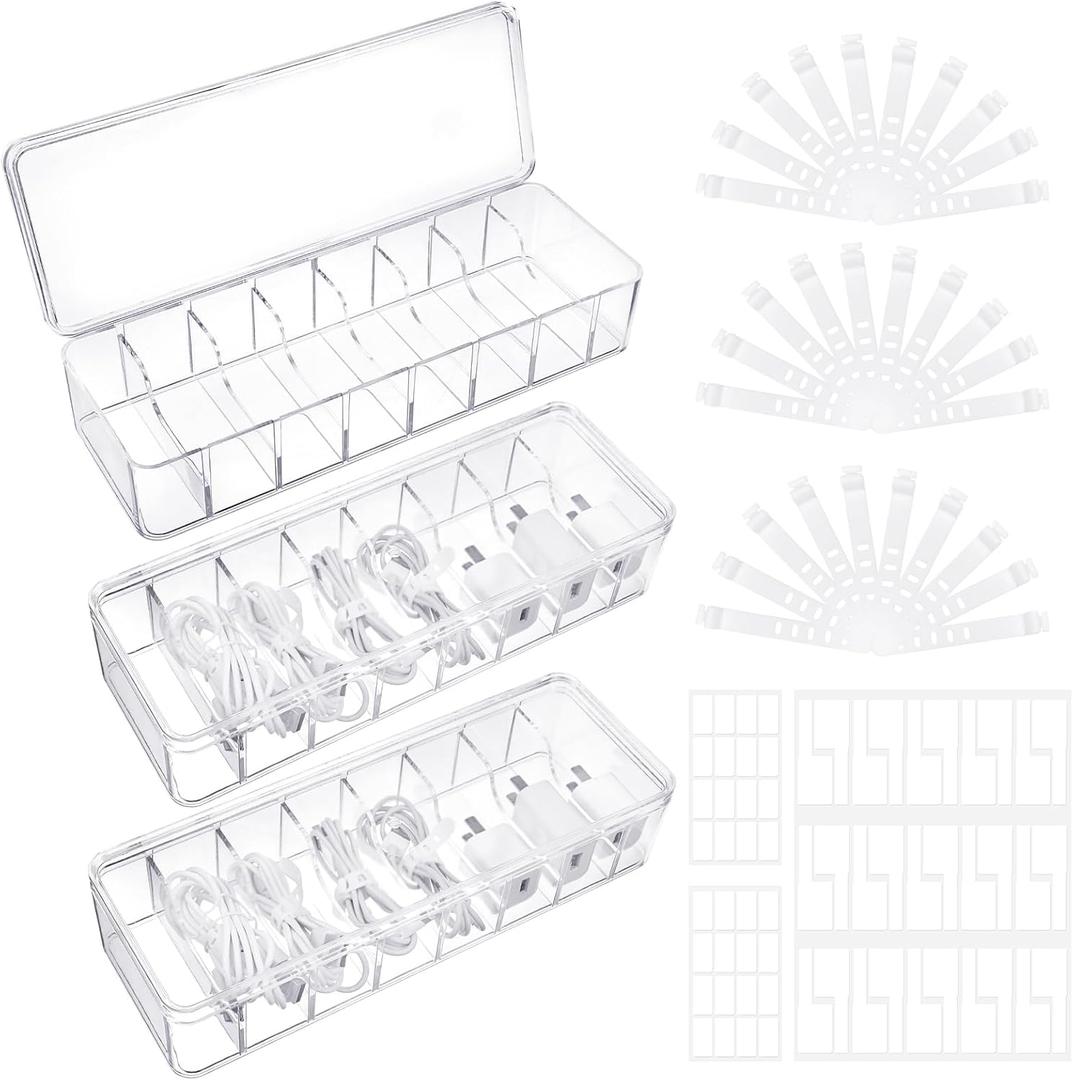 Cable Organizer Box with Lid, 3 Pcs Clear Cord Storage Organizer with 30 Cable Ties 62 Cable Labels, Charger Organizer for Office Desk Drawer Organizers and Accessories (Transparent)