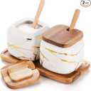 Dicunoy 2 Pack Ceramic Sugar Bowl with Lids and Spoons, Salt and Sugar Container, White Porcelain Sugar Coffee Container, Condiment Spice Pots with Wooden Tray for Bar Table, Kitchen, Countertop