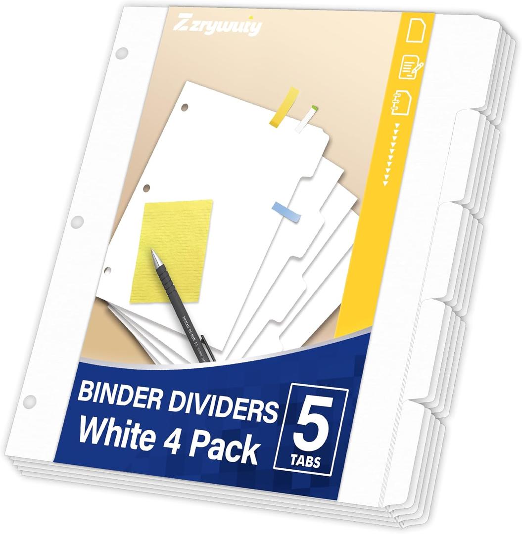 Binder Dividers with Tabs for 3 Ring Binder, 8.5 x 11 Paper Binder Dividers with Tabs 5 Tab Dividers for 3 Ring Binder, 4 Sets Page Dividers for School, Office and Home, 20 Dividers