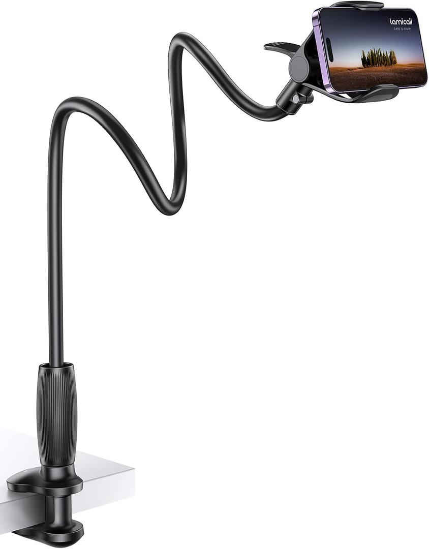 Lamicall Gooseneck Phone Holder for Bed - [Upgraded Stable Clip] for Desk, Headboard, Bed, Bedside, Table, Flexible Gooseneck Long Arm Stand, Overhead Cell Phone Clamp Mount, Gift for All 4-7 Device