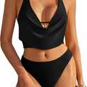 SUUKSESS Women Sexy Two Piece Bikini Set Halter Cowl Neck Bathing Suit (Black, L)