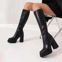 Wetviro Platform Knee High Boots for Women Chunky High Heel Gogo Boots Square Toe Stretchy Long Tall Boots (not for wide calf), 7.5
