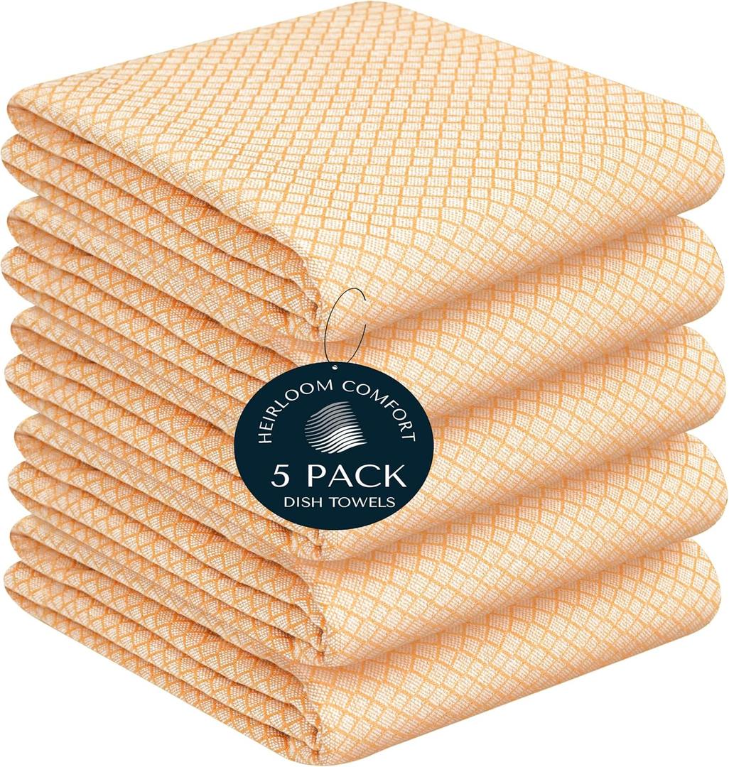 Mustard Yellow Honeycomb Kitchen Towels 5 Pack, 16x26 Inch, 100% Cotton, Super Absorbent, Quick Dry, Reusable, Durable Dish Towels for Drying, Cleaning & Everyday Kitchen Use