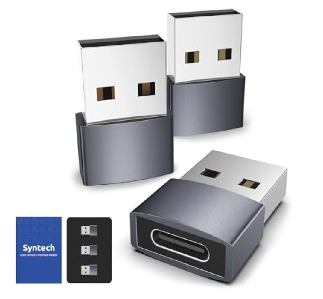 Syntech USB C Female to USB Male Adapter Pack of 3 [Travel Must Haves, Aluminum] USB C to USB Adapter, Type C Charger Cable Power Converter Compatible with iPhone 17 16 15 Apple Watch AirPods CarPlay