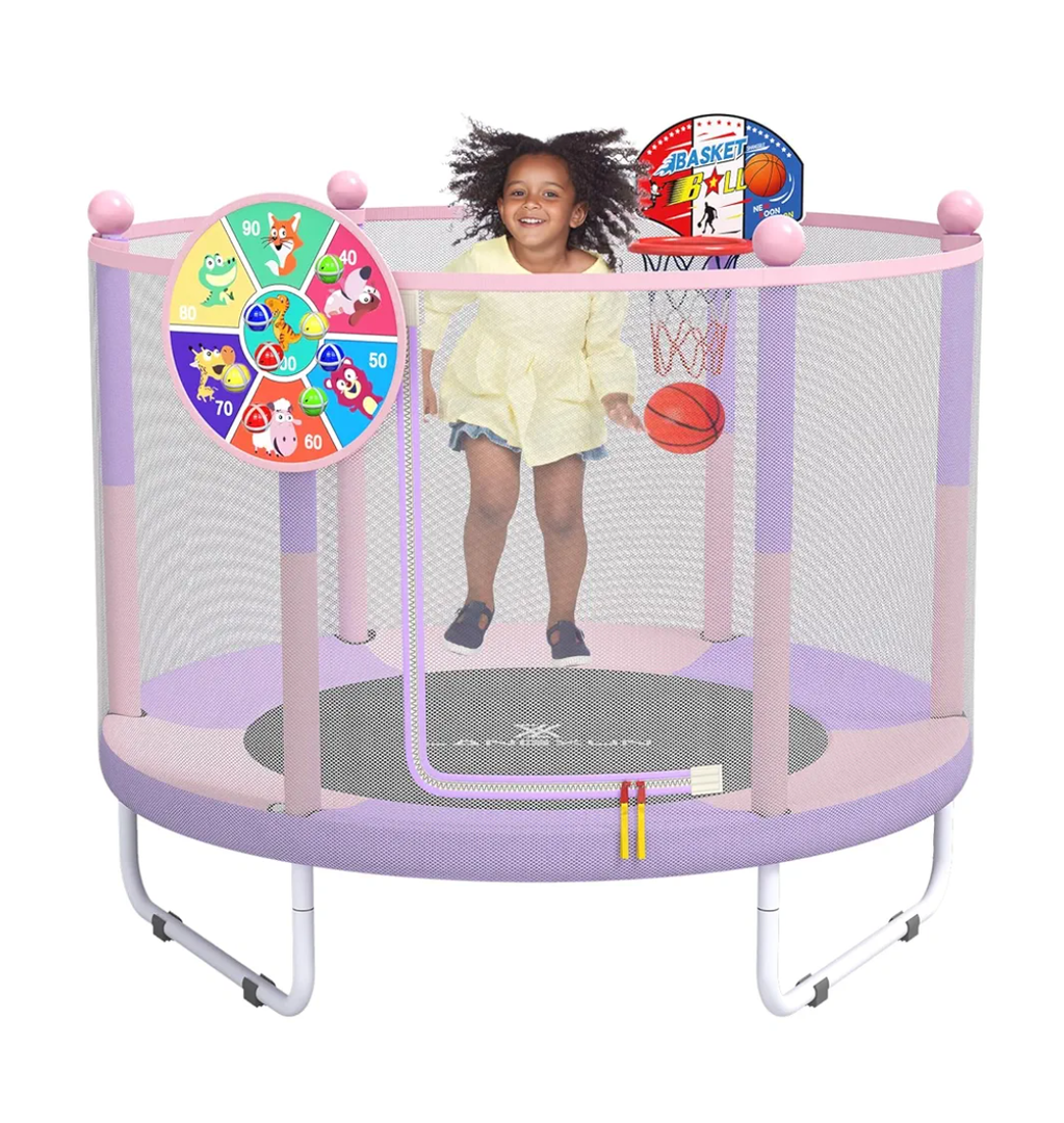 LANGXUN 60" Trampoline for Kids, 5ft Toddler Mini 6-in-1 Trampoline Indoor Outdoor with Swing, Basketball Hoop, Dart Board, Gymnastics Bar, Rings, Christmas Toys Birthday Gifts for Girls Boys Age 3-8