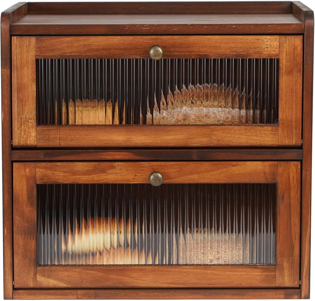 Sunhoo Bread Box for Kitchen Countertop Wooden Bread Storage Container Bin 2 Layer Breadbox Holder Large Capacity Keeper Vintage Farmhouse Food Organizer Pantry Shelf Acrylic Window (Brown)