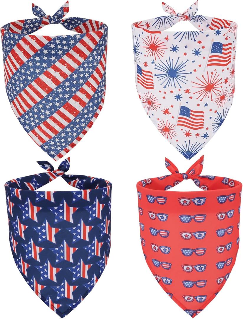 ADOGGYGO 4 Pack American Flag Dog Bandanas, Red Blue USA Flag Star Pet Scarf Bib, Pet 4th of July Bandanas Costume Accessories for Extra Large Dogs (X-Large)