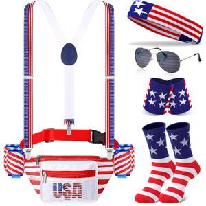 Mepase 9 Pcs Halloween American Flag Fanny Pack Patriotic USA Beer Belt Set with Socks Sunglasses Sweatband(Stars)