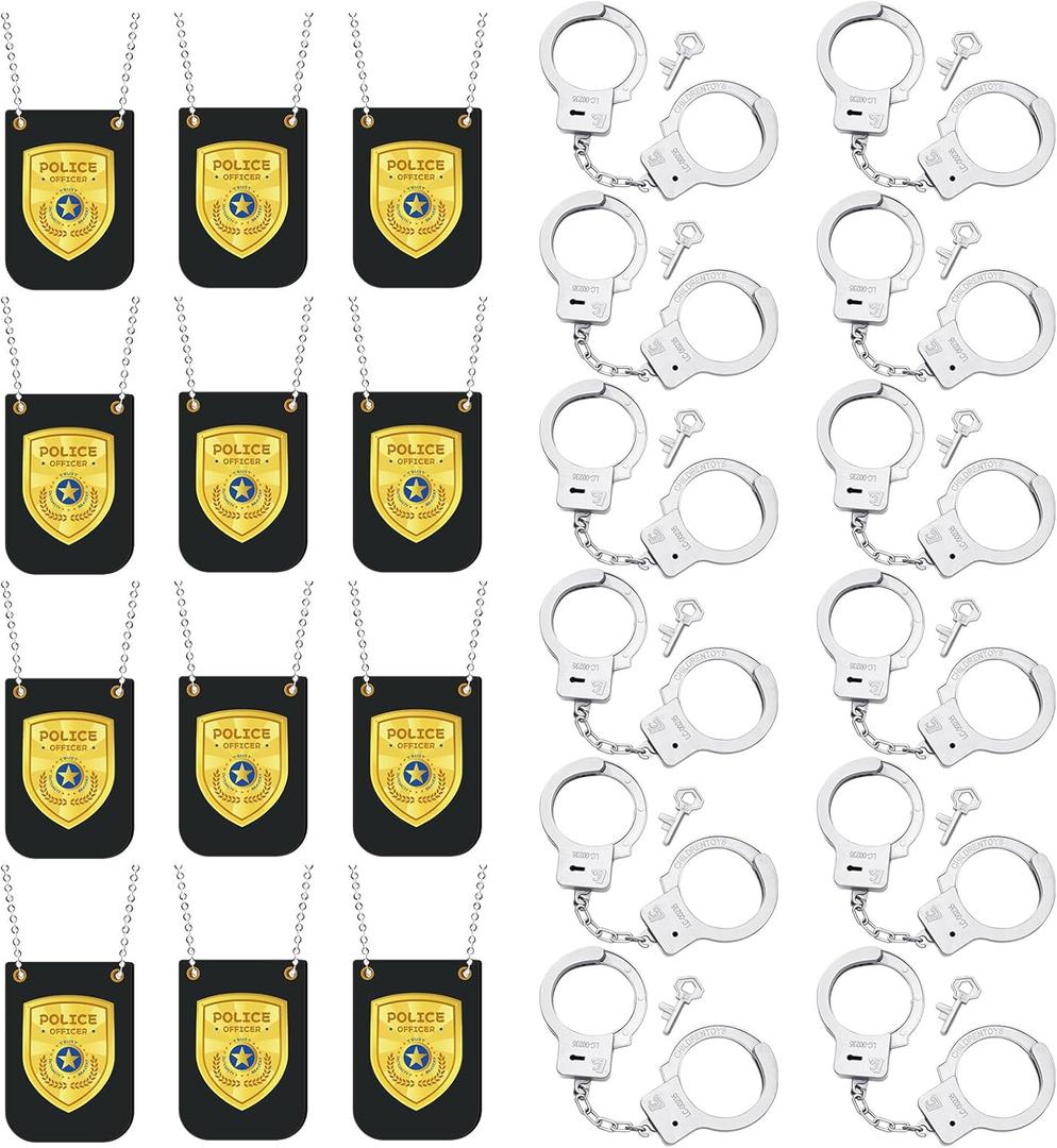 24 Pcs Police Pretend Play Mini Set Include 12 Police Badge Fake Officer Badge 12 Handcuffs Set Handcuffs for Men Cop Cosplay Accessories Cosplay Halloween Birthdays Gear