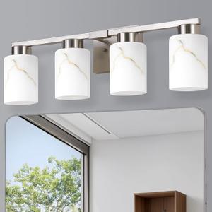 4-Light Square Bathroom Light Fixture, Brushed Nickel Modern Vanity Light with White Marble Glass Shade, for Bathroom Mirror, Living Room, Bedroom, Hallway, E26 Base