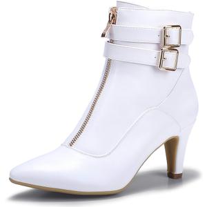 IDIFU Women's Pointed Toe Metal Buckle Two Strap Ankle Booties Side Zipper Kitten Heel Dress Classic Short Boots (7.5, D White Pu)