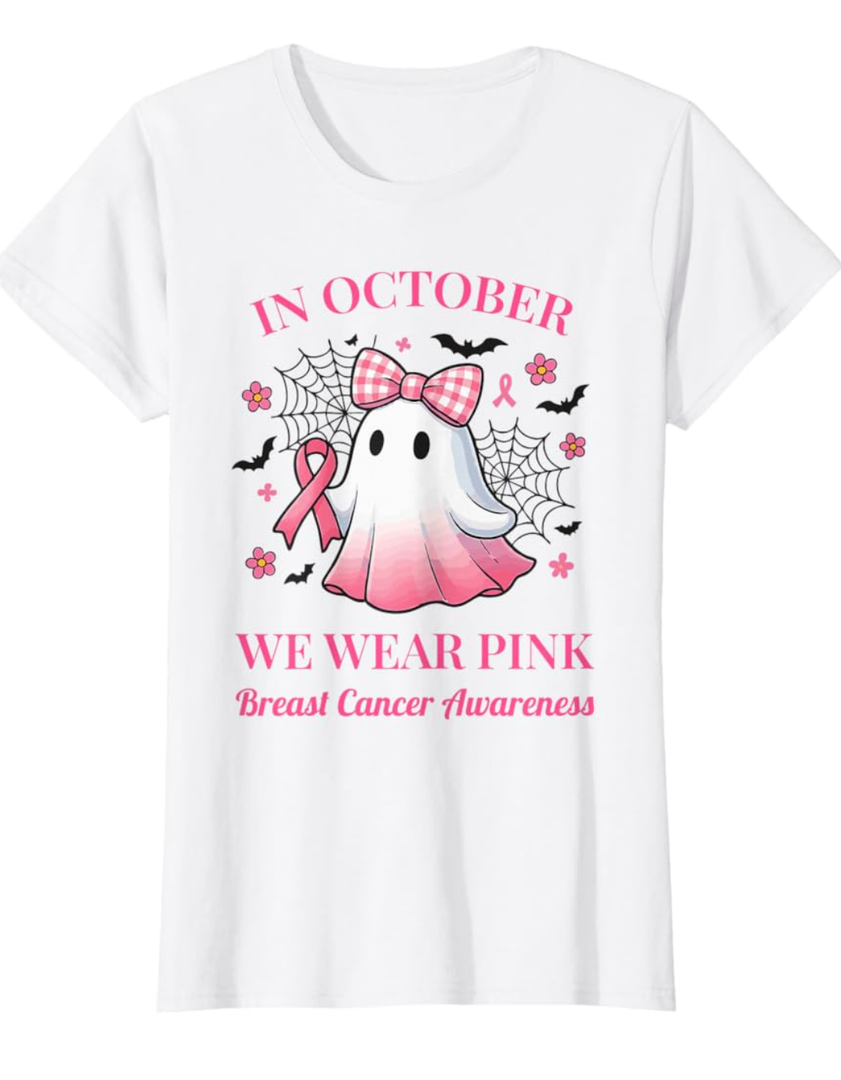 in October We Wear Pink Ghost Breast Cancer Awareness T-Shirt. Size XL