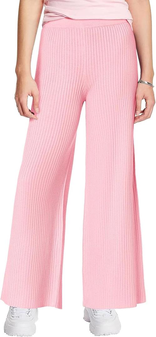 Haloumoning Girls Solid Rib Knit Wide Leg Pants Elastic Waist Flowy Casual Sweater Pants 5-14 Years (S)