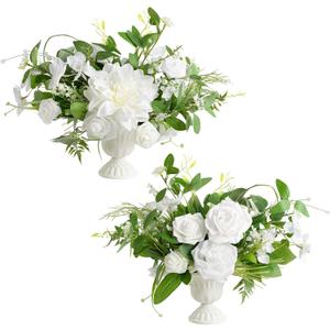Ling's moment Green White Artificial Flowers with Vase Wedding Table Decor Bouquet Centerpiece Flower Potted for Ceremony Reception Desk Flowers Mantel Archway Aisle, Set of 2
