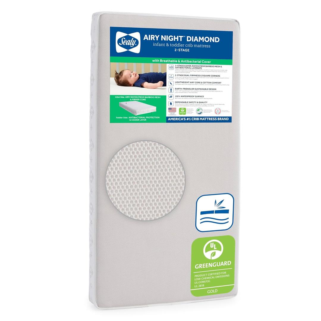 Sealy Baby Airy Night Diamond Breathable Crib Mattress, Made in USA, GREENGUARD GOLD Certified, Supportive & Sustainable Mesh Surface, 2 Stage, Toddler Bed Fit, Safety & Quality Tested, 52x28"