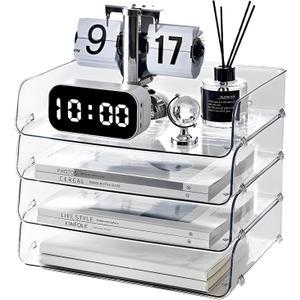 Gagee 4 Pack Paper Organizer for Desk, Stackable Paper Tray Book Holder for Classroom, Office and More, Letter Tray Desk Organizer, Clear