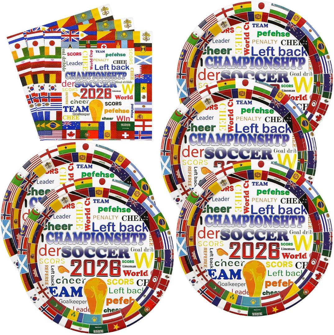 50Pcs International Flags Paper Plates and Napkins - World Cup 2026 Dessert Plates Disposable Soccer Party Supplies for Football Game Day, Kids Birthday & Sports Celebration Decorations