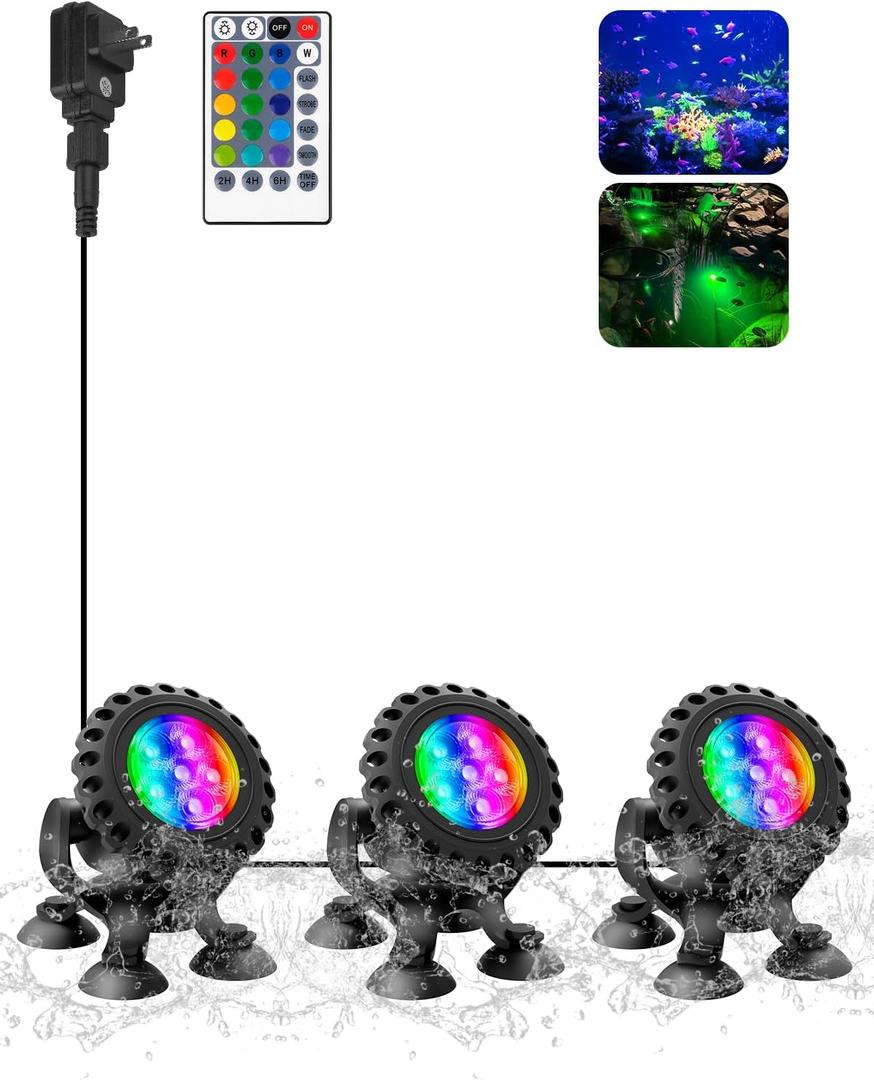 T-SUN Colored Pond Lights with Timer, LED Underwater Pond Light Submersible Fountain Lights for Fish Tank Landscape Spotlight - Remote Control, IP68 Waterproof, Aquarium, Waterfall, Yard (3 Heads)