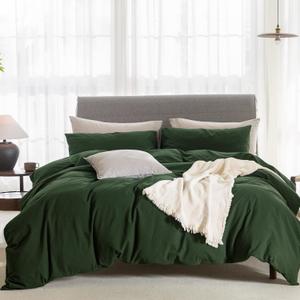 Cooling Duvet Cover Set 3 Pieces-100% Washed Cotton Linen Like Textured Ultra Soft Cozy Bedding with Zipper Closure,Includes 1 Duvet Cover & 2 Pillow Shams(Forest Green,Oversized King 120"x98")