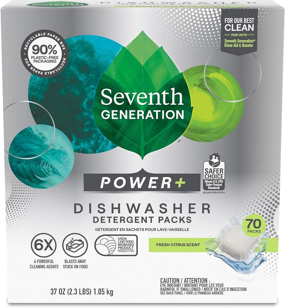 Seventh Generation Power+ Dishwasher Detergent Packs Fresh Citrus Scent  For Sparkling Dishes Dishwasher Tabs, 70 Count