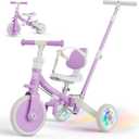 5-in-1 Tricycle for Toddlers 1-3, Convertible Toddler Bike with Push Handle & Removable Pedals, Balance Bike with Colorful Lighting Wheels, Adjustable Seat Height with Backrest (Purple)