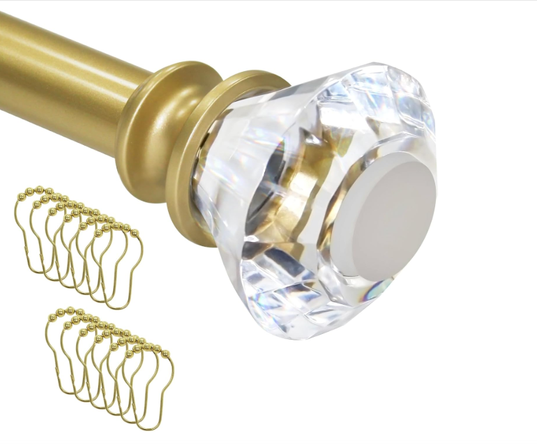 Gold Shower Curtain Rod 34-82 Inch, Tension Shower Curtain Rod No Drill-Adjustable 34-82 Inches with 12 Shower Curtain Rings-No Drill, Rust Proof, Non-Slip with Acrylic Finials