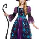 Spooktacular Creations Witch Costume for Girls, Halloween Dress with Broom, Kids Moon Shimmer Witch Set for Wizard Role Play (Medium(8-10 yrs), Purple)