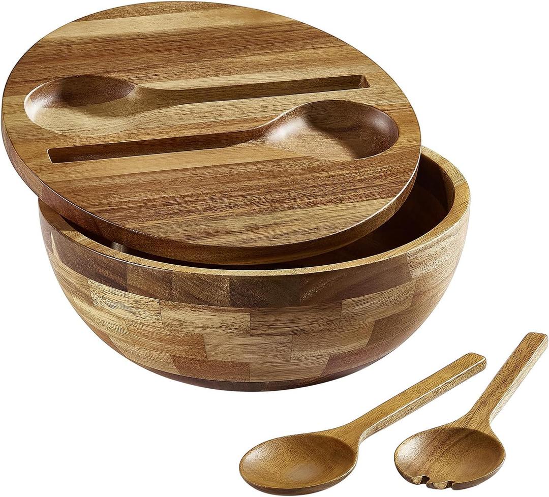 JOYMAY Salad Bowls Wood Salad Bowl Set with Lid Acacia Wood Serving Bowl for Fruits or Salads 10.5" Large Serving Bowl with Serving Utensils, 4 Piece Wooden Mixing Bowl Set for Kitchen, Picnic