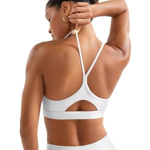 YEOREO Luciny Workout Y Back Sports Bras for Women Spaghetti Straps Racerback Padded V Neck Medium Impact Gym Bra Yoga Top (X-Large, White)