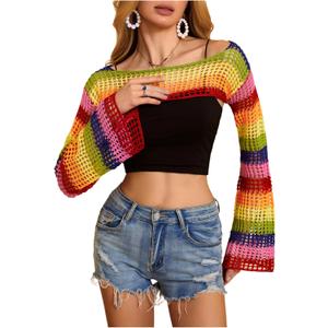 MakeMeChic Women's Rainbow Striped Crochet Shrug Top Bell Sleeve Crop Tops Hollow Out Sweater (Multicolor)