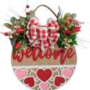 Bibelot 16 inch Valentine's Day Welcome Sign for Front Door Front Porch Decor, Romantic Wooden Board Welcome Signs with Flowers Leaves Bow for Indoor Outdoor Wedding Anniversary Party Decorations
