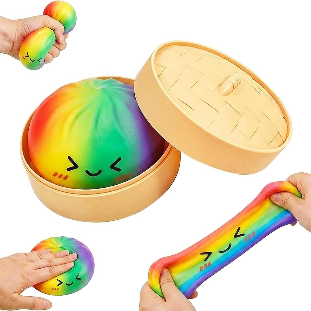 Rainbow Dumpling Fidget Toy with Steamer Box, Colorful Dumpling Stress Ball for Anxiety, Fun Surprise Baozi Bun Squishy Stress Relief Toys, Crazy Soft Dumpling Squeeze Toy for Kids and Adults Gifts