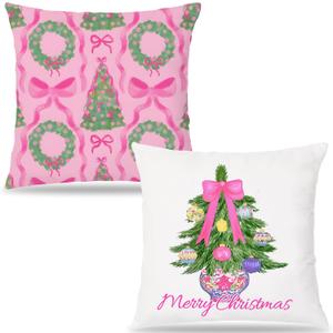 Chinoiserie Porcelain Christmas Tree Lumbar Pillow Covers 18x18 Set of 2 Chinoiserie Pillow CoverPink Bow Chinoiserie Christmas Wreath Pillow Covers for Home Sofa Livingroom (Color-05)