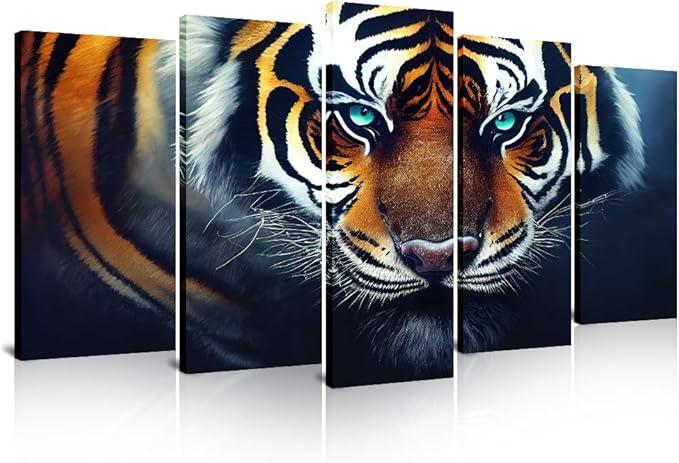SATINO 5 Pieces Modern Large Canvas Animal Wall Art Tiger with Green Eyes Brave Beast Picture Paintings on Canvas for Living Room Bathroom Bedroom Home Office Decor