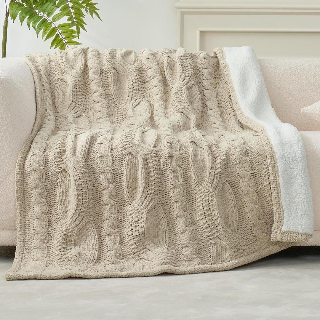 Amlie Home Cable Knit Throw Blanket for Couch, Chenille Sherpa Soft Cozy Throw Blankets for Sofa Chair Comfortable Home, 50"x60", Beige