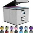 Huolewa Upgraded Portable File Organizer Box with Lid, Collapsible Linen Hanging Filing Storage Boxes with Plastic Slides, Decorative Home/Office Filing System Box for File and Folders Storage (Gray) (Grey)