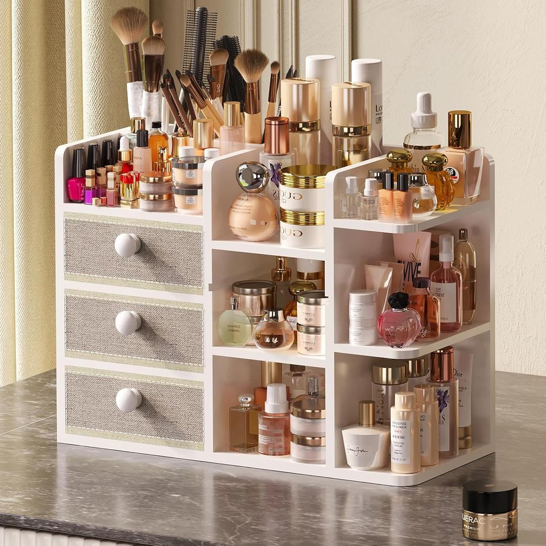 Large Makeup Organizer Countertop With Brush Holder Drawer For Vanity,Bamboo Bathroom Counter Organizers And Storage,Cosmetic Skincare Perfume Organizer,Easy To Store Nail Polish, Lipstick, Eyeshadow (3 Tier)