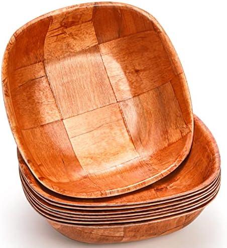 Elsjoy 8 Pack 8 Inch Wooden Woven Salad Bowl, Reusable Square Serving Bowl Woven Wood Mixing Bowl Set, Unbreakable Snack Bowls for Salad, Fruits, Snacks