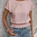 Elastic Waist Eyelet Tops for Women Summer Smocked Crewneck Short Sleeve Tee Crop Casual Plain T Shirts for Vocation Work (Pink, L)