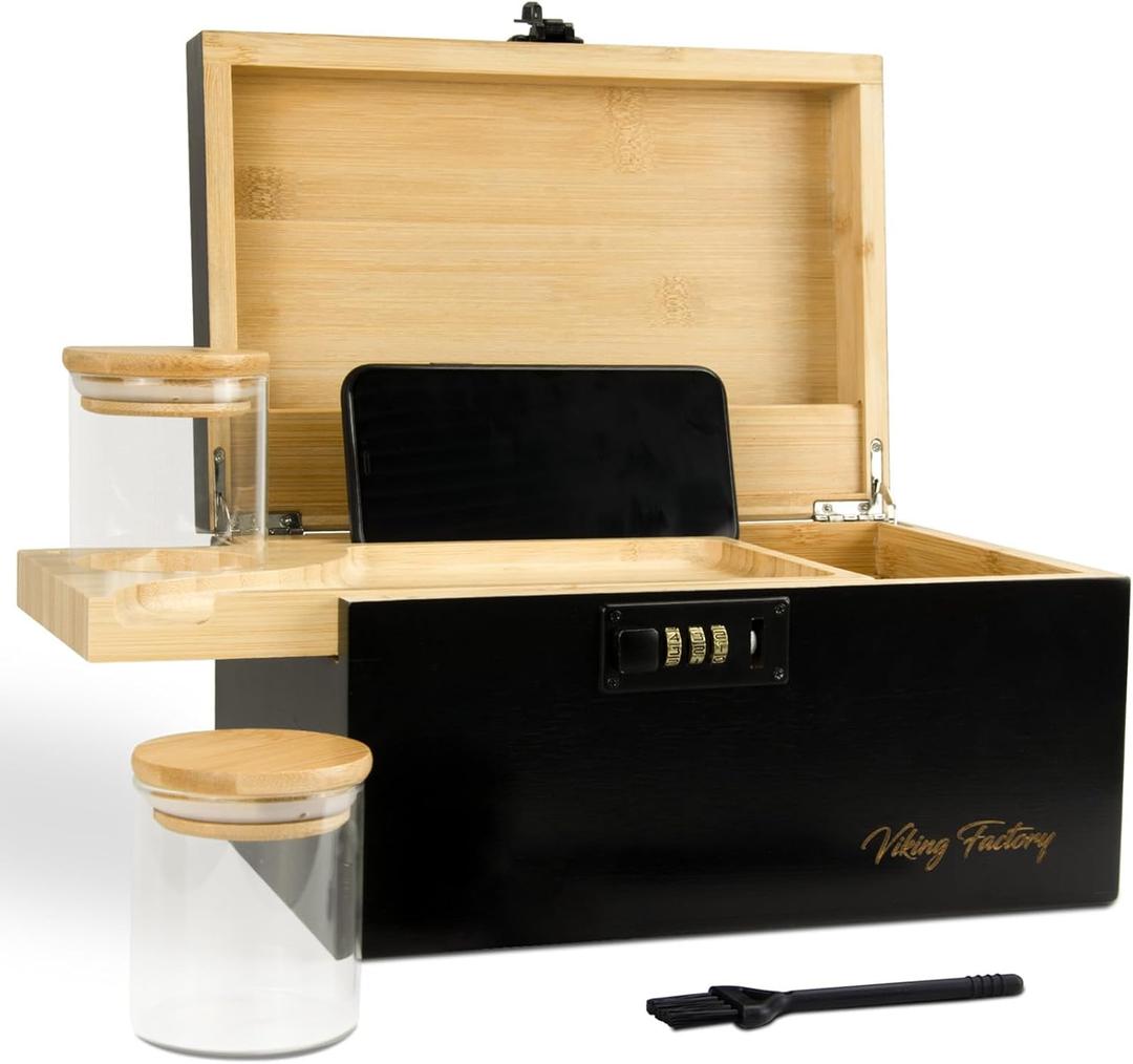 Large Bamboo Storage Box with Combination Lock - Decorative Keepsake Box with Removable Tray & Spice Crusher - Discreet Wood Organizer (10.6 x 7.1 x 5.5 in)(Black)