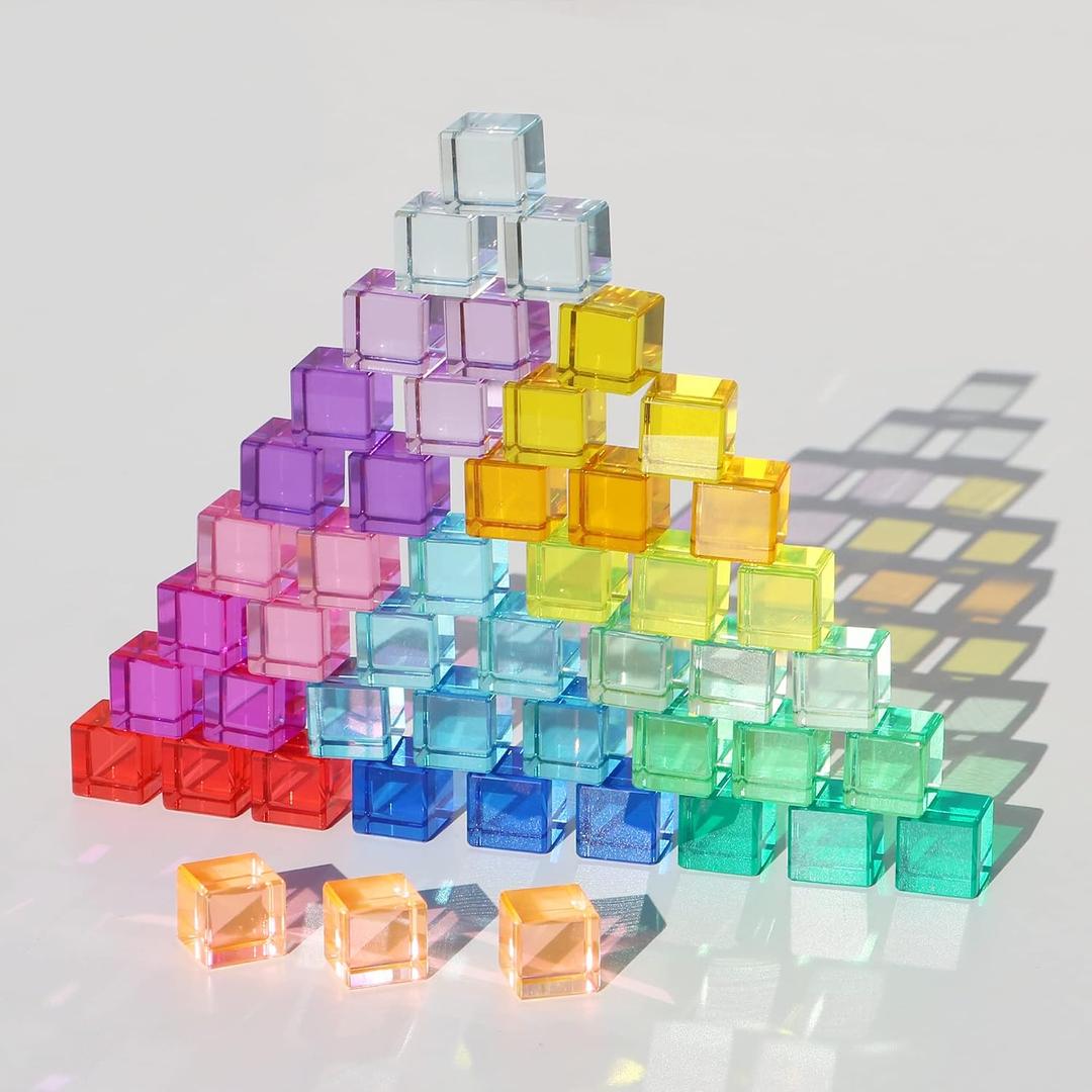 Rainbow Crystal Acrylic Cubes Children Learning Color Light Shadow Toy, Stacking Gem Blocks Sensory Building Blocks for Kids(48PCS)