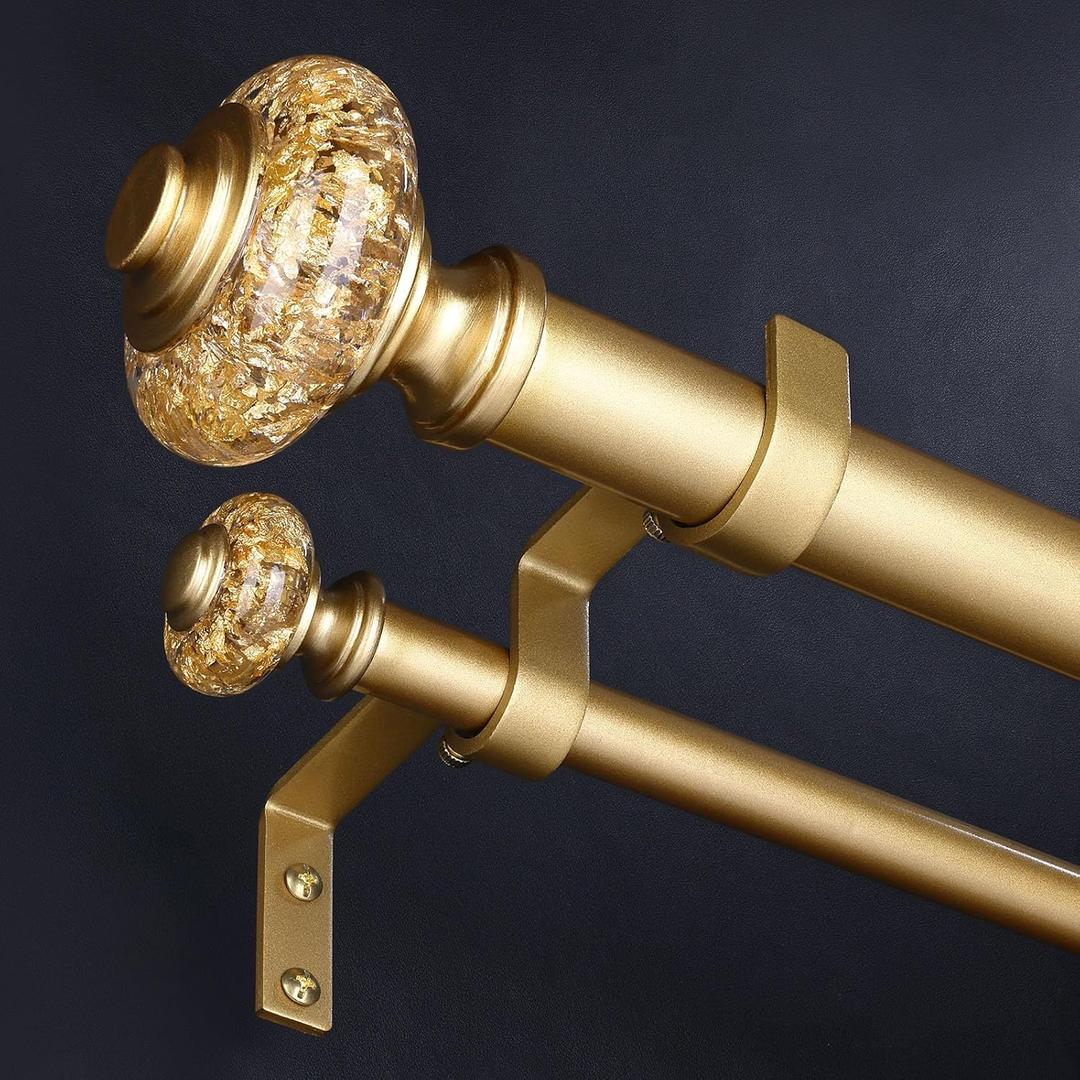 Gold Double Curtain Rods for Windows 120 to 170 Inch, 1 Inch Adjustable Decorative Crystal Extra Long Dual Curtain Rod, Heavy Duty Vintage Double Drapery Pole with Gold Foil Finials