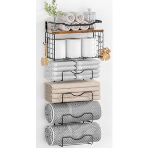 Towel Racks for Bathroom,Towel Rack Wall Mounted, 6 Tier Rolled Or Folded Towel Holder with Floating Shelves, Bathroom Towel Holder for Bath, Hand Towels,Metal and Wood