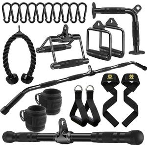 LAT Bar Cable Attachment with Rubber Handgrips, Deluxe Heavy Duty Solid Curl Bar Revolving Hanger Home Gym Cable Attachments (Black Set +48 in Lat Bar)