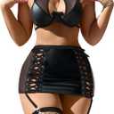 Sexy Cutout Halter Underwire Leather Mesh Sheer Mini Skirt Stocking Lingerie Set 4 Piece Outfits (Small, Matte Black)