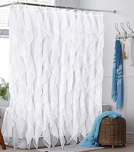 REISEN White Ruffle Shower Curtain Fabric/ Cloth Farmhouse Bathroom Sheer Shower Curtain, 72"L x 72"W